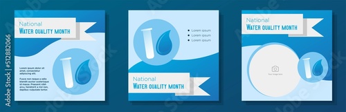 National water quality month social media post, banner set, healthy clean drink water awareness advertisement concept, diagnose, test tube marketing square ad, August liquid examining abstract print