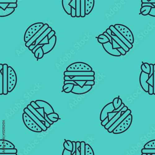 Black line Vegan food diet icon isolated seamless pattern on green background. Organic, bio, eco symbol. Vegan, no meat, lactose free, healthy, fresh and nonviolent food. Vector