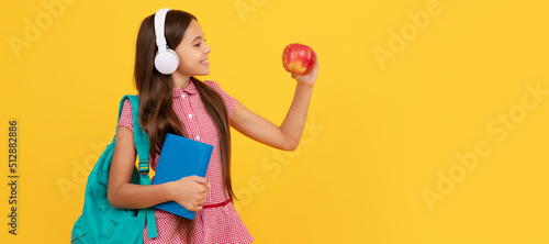 smiling teen girl carry backpack. back to school. knowledge day. concept of education. Banner of school girl student. Schoolgirl pupil portrait with copy space.