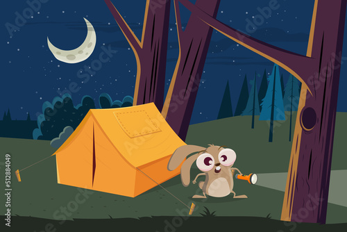 funny camping cartoon rabbit with flashlight