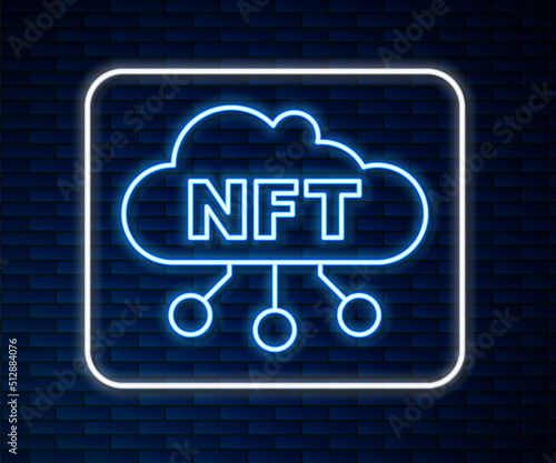 Glowing neon line NFT cloud icon isolated on brick wall background. Non fungible token. Digital crypto art concept. Vector