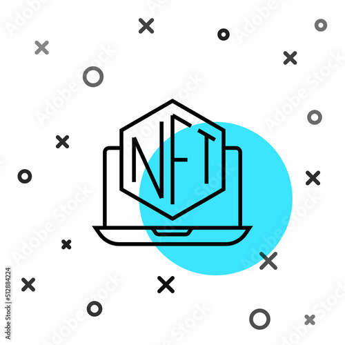 Black line Laptop with art store app icon isolated on white background. Technology of selling NFT tokens for cryptocurrency. Non fungible token concept. Random dynamic shapes. Vector
