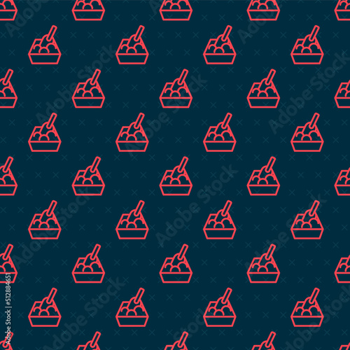 Red line Cat litter tray with shovel icon isolated seamless pattern on black background. Sandbox cat with shovel. Vector