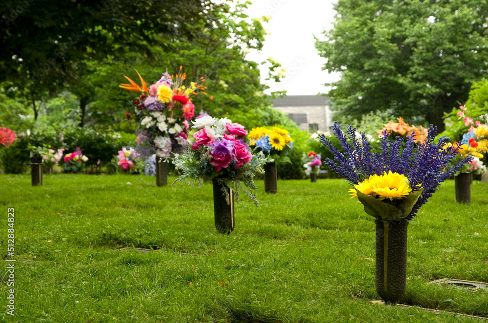 Beautiful Flower Bouquets in a Cemetery