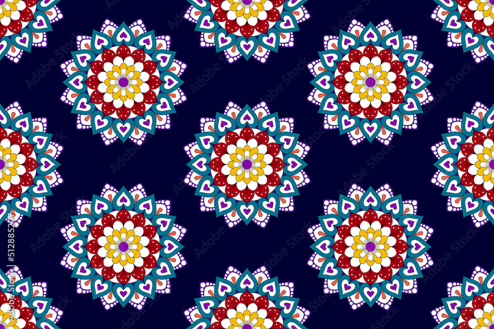 Ikat mandala ethnic seamless pattern design. Aztec fabric carpet mandala ornaments textile decorations wallpaper. Tribal boho native turkey traditional embroidery vector background Ikat mandala ethnic seamless pattern design. Aztec fabric carpet mandala ornaments textile decorations wallpaper. Tribal boho native turkey traditional embroidery vector background