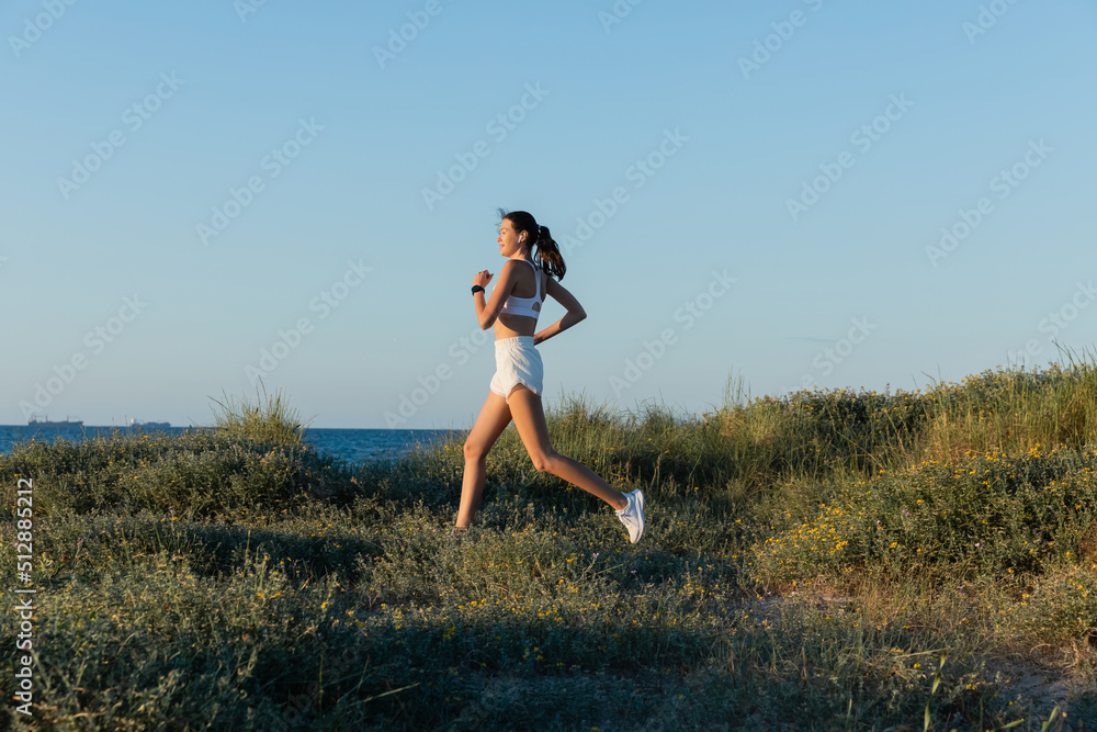 young sportive woman in shorts and wireless earphone running on grass near sea. young sportive woman in shorts and wireless earphone running on grass near sea.