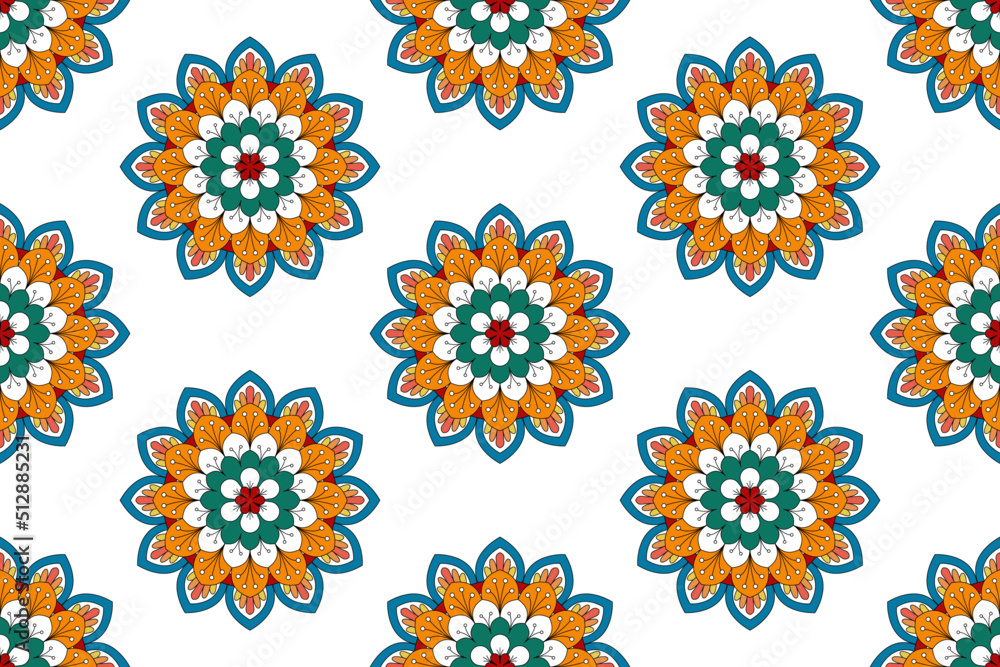 Ikat mandala ethnic seamless pattern design. Aztec fabric carpet mandala ornaments textile decorations wallpaper. Tribal boho native turkey traditional embroidery vector background 