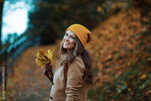 Photography smiling young female in brown coat and yellow hat
