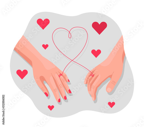 Binding with red thread. Male and female hand, metaphor for love and romantic relationships. Couple or family on date. Design for greeting card for valentines day. Cartoon flat vector illustration
