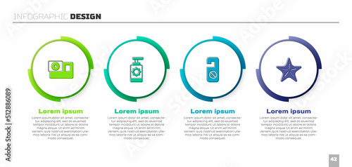 Set Action camera, Sunscreen spray bottle, Please do not disturb and Starfish. Business infographic template. Vector