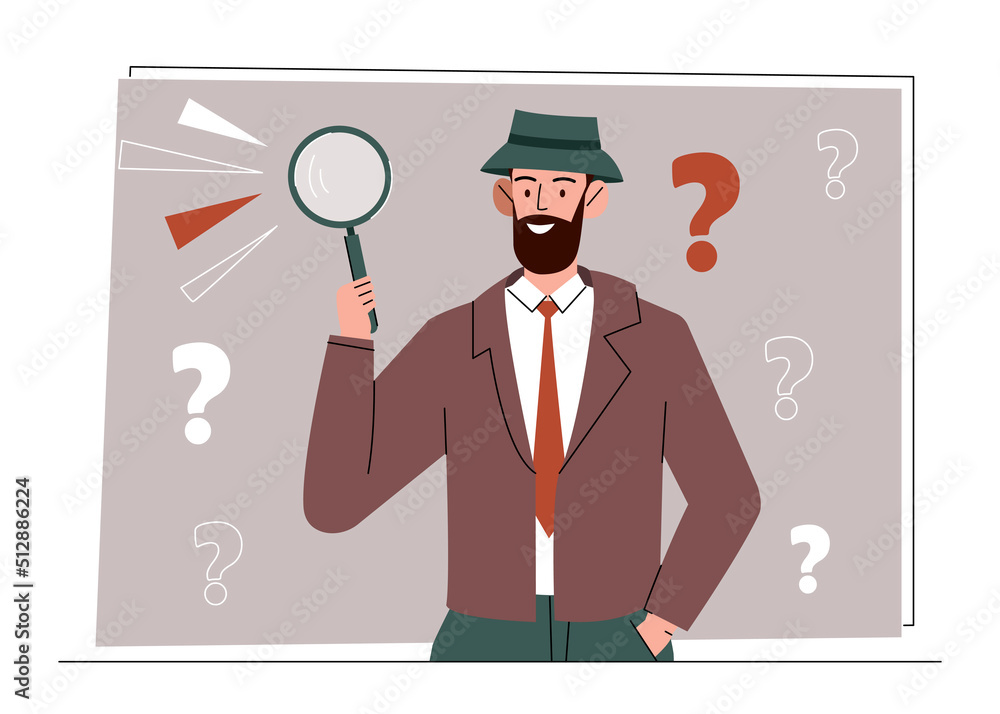 Detective with magnifying glass. Man with loupe looking for answers to question. Criminal investigation. Character looking for criminal and studies facts and evidence. Cartoon flat vector illustration Detective with magnifying glass. Man with loupe looking for answers to question. Criminal investigation. Character looking for criminal and studies facts and evidence. Cartoon flat vector illustration