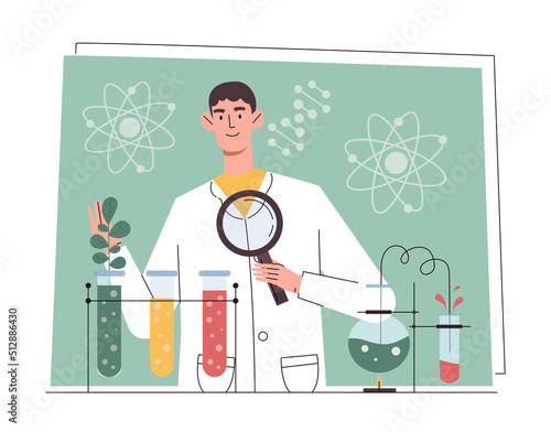 Laboratory analysis concept. Man with magnifying glass examines test tubes with various substances. Scientific chemical research and development of plant fertilizers. Cartoon flat vector illustration