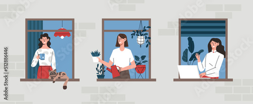 Neighborhood at window. Characters take care of flowers, pets and look out window. Comfort in house, friendly girls enjoy spring day. Architecture and exterior. Cartoon flat vector illustration