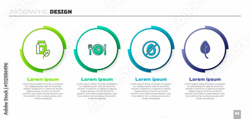 Set Vegan milk, food diet, No meat and Leaf or leaves. Business infographic template. Vector