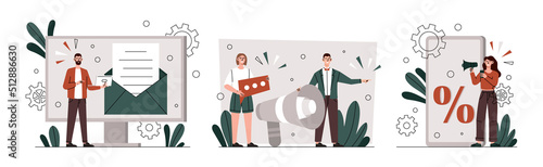 Social media promotion. Internet marketing, SEO or SMM specialists inform customers about special offers and sales. Advertising posters or banners for website. Cartoon flat vector illustration