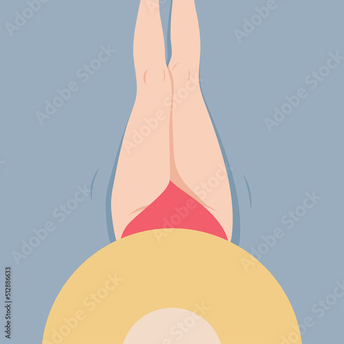 Young woman in pink swimsuit is sunbathing in the sea or ocean. Summer and holiday theme. Vector illustration.