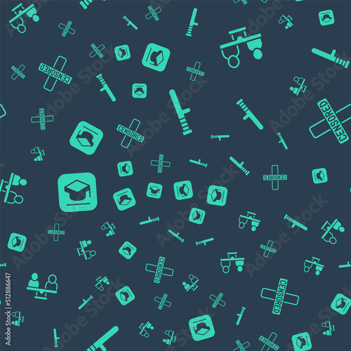Set Police rubber baton, Gender equality, Graduation cap and Censored stamp on seamless pattern. Vector
