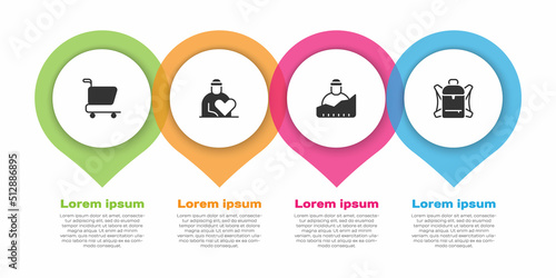 Set Shopping cart, Volunteer, Growth of homeless and Hiking backpack. Business infographic template. Vector