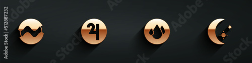 Set Planet, Symbol Jupiter, Water drop and Moon and stars icon with long shadow. Vector