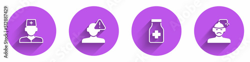 Set Male doctor, Finding problem in psychology, Sedative pills and Concussion, headache icon with long shadow. Vector