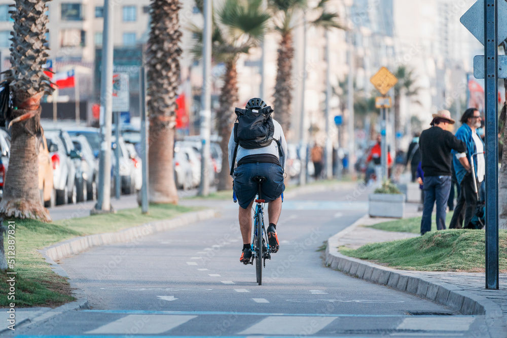 man riding a bicycle on bikeway at sunset in La Serena. man riding a bicycle on bikeway at sunset in La Serena.