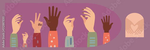 Diverse young people hands on isolated background. Teenager hand group with raised arm for celebration or friend community concept. Flat cartoon illustration of men and women arms.