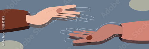 Diverse young people hands on isolated background. Teenager hand group with raised arm for celebration or friend community concept. Flat cartoon illustration of men and women arms.