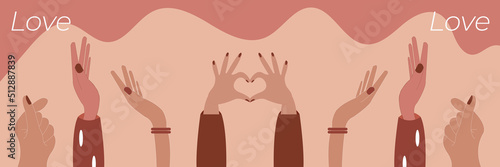 Diverse young people hands on isolated background. Teenager hand group with raised arm for celebration or friend community concept. Flat cartoon illustration of men and women arms.