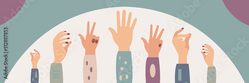 Diverse young people hands on isolated background. Teenager hand group with raised arm for celebration or friend community concept. Flat cartoon illustration of men and women arms.