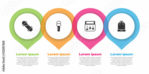 Set Skateboard, Microphone, Drum machine music and Winter hat. Business infographic template. Vector