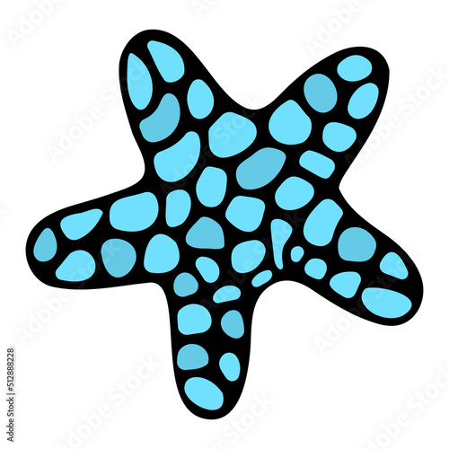 Starfish. Blue inhabitant of the ocean. Marine invertebrate spotted animal. Color vector illustration. Isolated background. Cartoon style. Idea for web design.