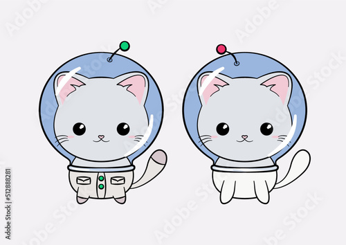 Kosmiczny kotek w kasku i skafandrze. Zabawny i uroczy kot astronauta, szukających przygód w kosmosie. Kot w dwóch wersjach. Ilustracja wektorowa.