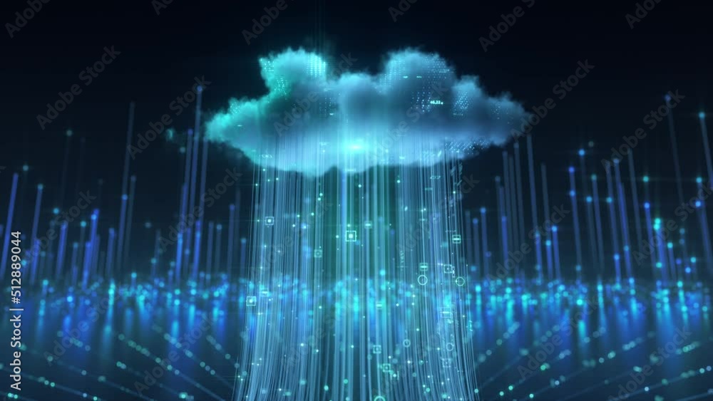 Data uploaded into the cloud. A 3D rendering of a photorealistic cloud in front of a dark background. Glowing bits of Data are flying towards the cloud server to be stored.