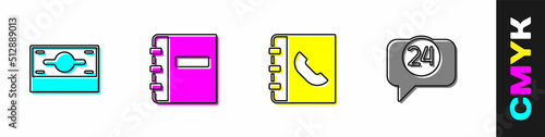 Set Stacks paper money cash, Notebook, Phone and Telephone 24 hours support icon. Vector