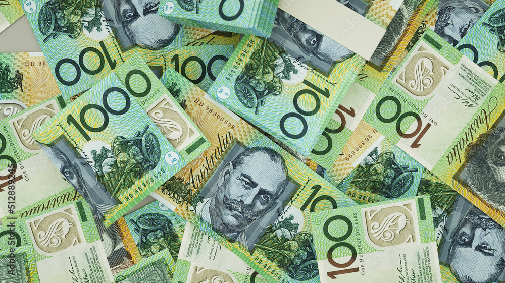 3D rendering of 100 Australian dollar notes spread on surface 3D rendering of 100 Australian dollar notes spread on surface