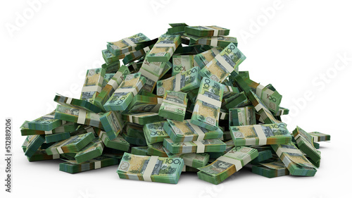 Big pile of Australian dollar notes a lot of money over white background. 3d rendering of bundles of cash