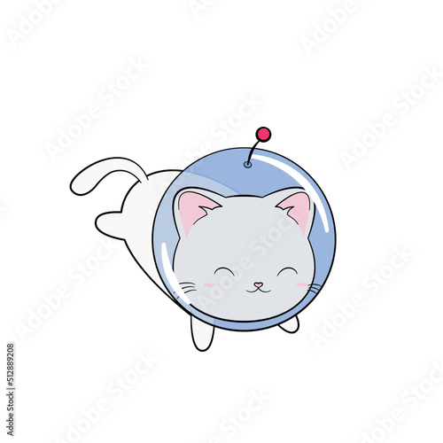 Kosmiczny kotek w kasku i skafandrze unoszący się w przestrzeni kosmicznej. Zabawny i uroczy kot astronauta, szukających przygód w kosmosie. Ilustracja wektorowa.