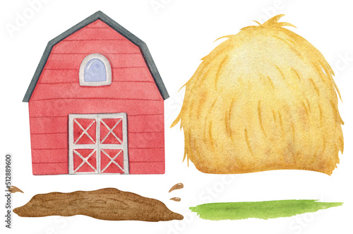 Watercolor cartoon farmhouse, puddle of dirt, haystack and grass
