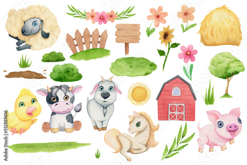 Watercolor Farm Animals elements with cute little cow, pig, goat, sheep, house and checken photo