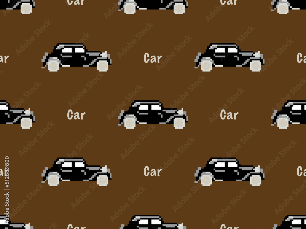 Car cartoon character seamless pattern on brown background. Pixel style