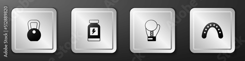 Set Weight, Energy drink, Boxing glove and Mouth guard boxer icon. Silver square button. Vector