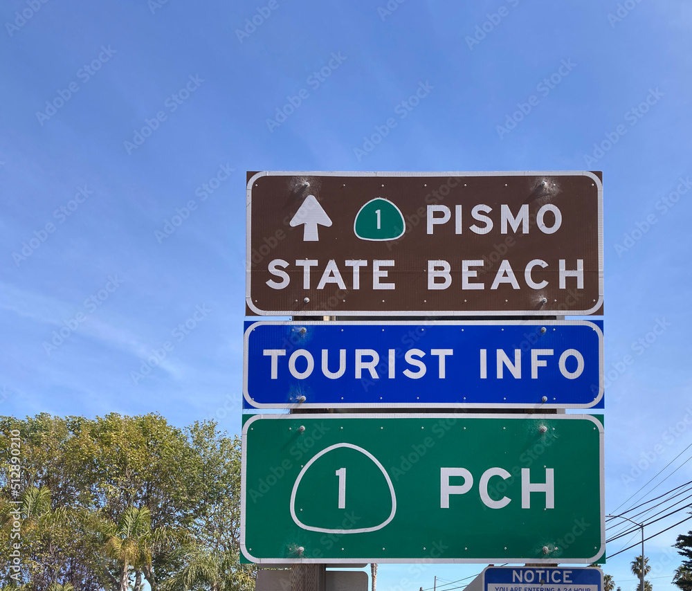 Pismo State Beach. Tourist Info. PCH - Pacific State Highway directional road signs Pismo State Beach. Tourist Info. PCH - Pacific State Highway directional road signs