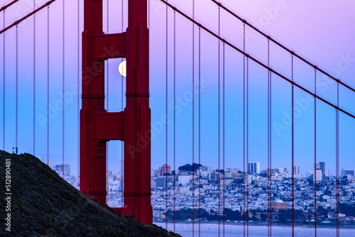 Full Moon June 2022 San Francisco Golden Gate Bridge Through North Tower Shot From Marin Headlands