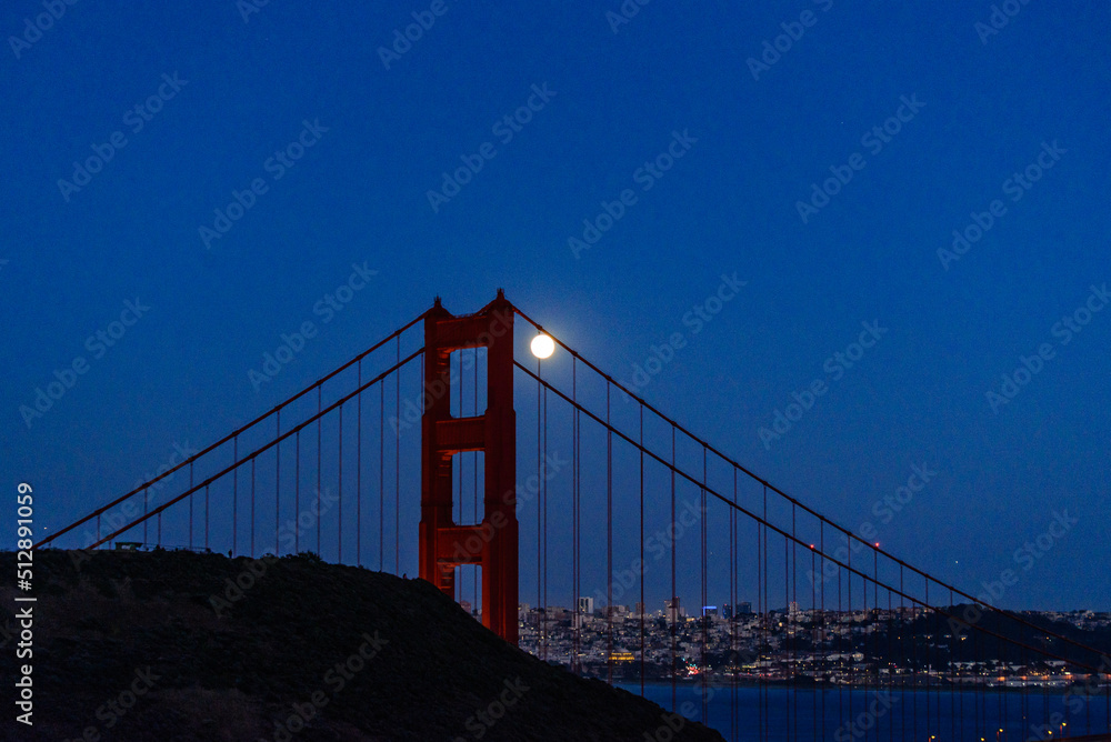 Full Moon June 2022 San Francisco Golden Gate Bridge Moon Next to North Tower Shot From Marin Headlands