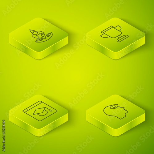 Set Isometric line Award cup, Online education, Man with third eye and World expansion icon. Vector