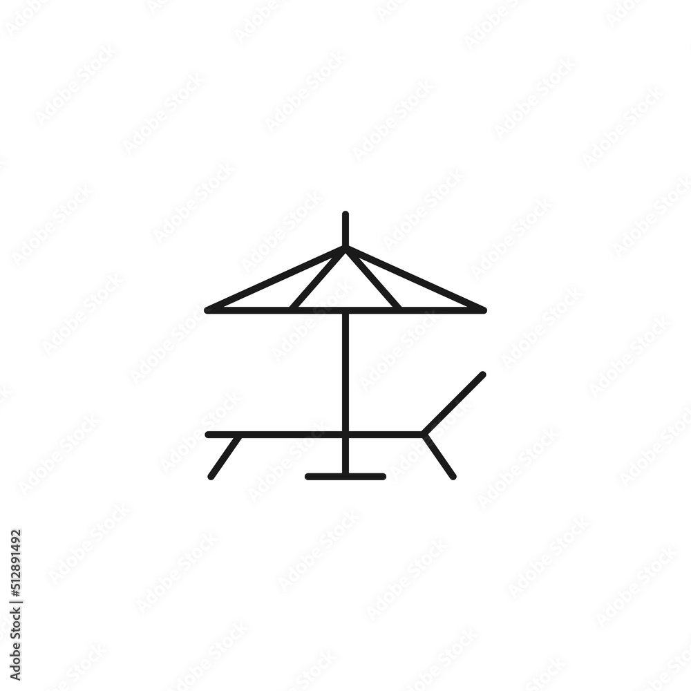 Travel, tourism, holiday, vacation sign. Minimalistic vector symbol drawn with black thin line. Editable stroke. Vector line icon of deck chair under umbrella Travel, tourism, holiday, vacation sign. Minimalistic vector symbol drawn with black thin line. Editable stroke. Vector line icon of deck chair under umbrella