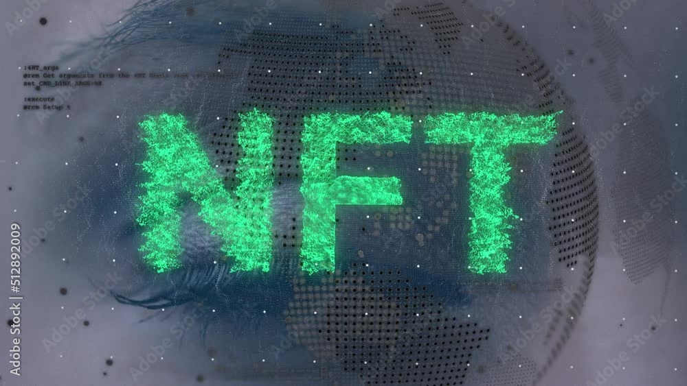 Animation of nft over data processing, globe and eyes of caucasian woman Animation of nft over data processing, globe and eyes of caucasian woman