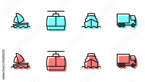 Set line Cruise ship, Yacht sailboat, Cable car and Delivery cargo truck icon. Vector