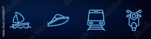 Set line Train and railway, Yacht sailboat, Speedboat and Scooter. Glowing neon icon on brick wall. Vector