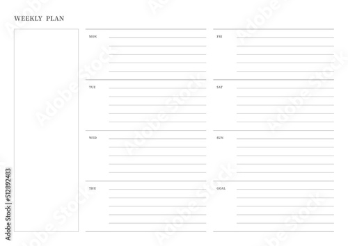 Note, scheduler, diary, calendar planner document template illustration. Weekly plan.